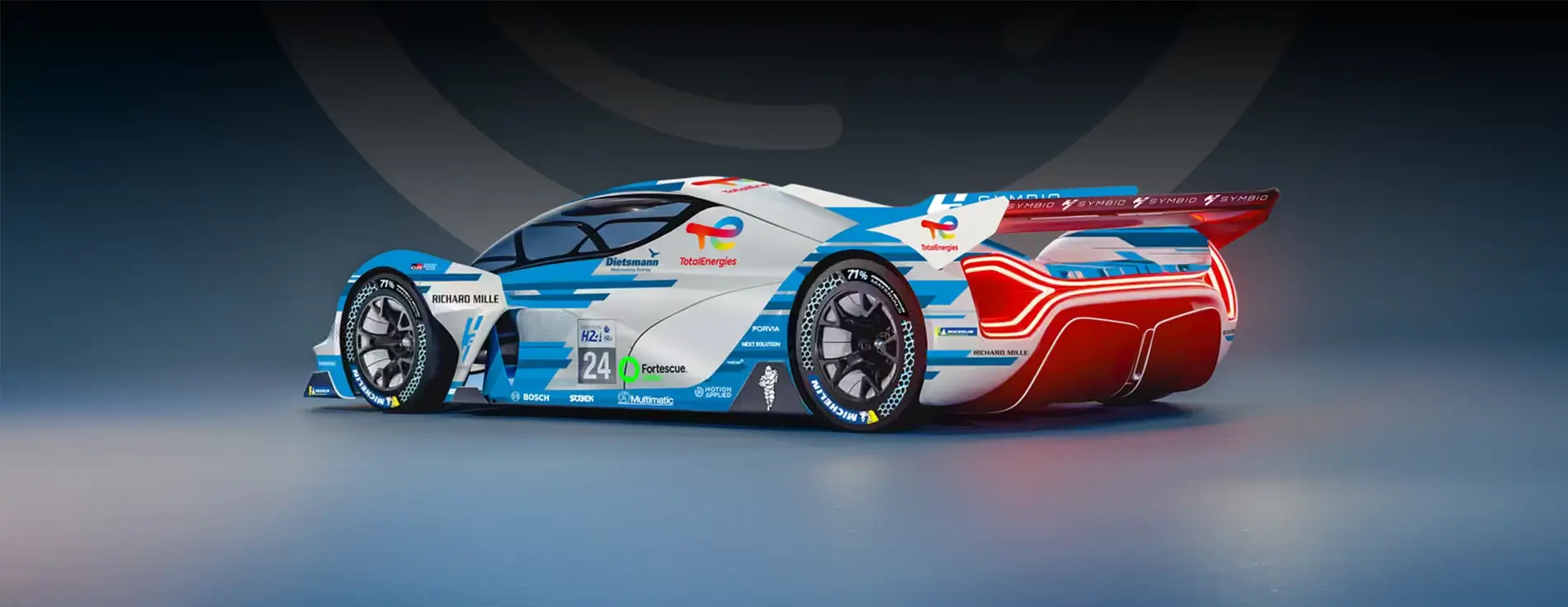A sleek blue and white hydrogen-powered race car with aerodynamic design and sponsor logos is shown from the side on a glossy surface.
