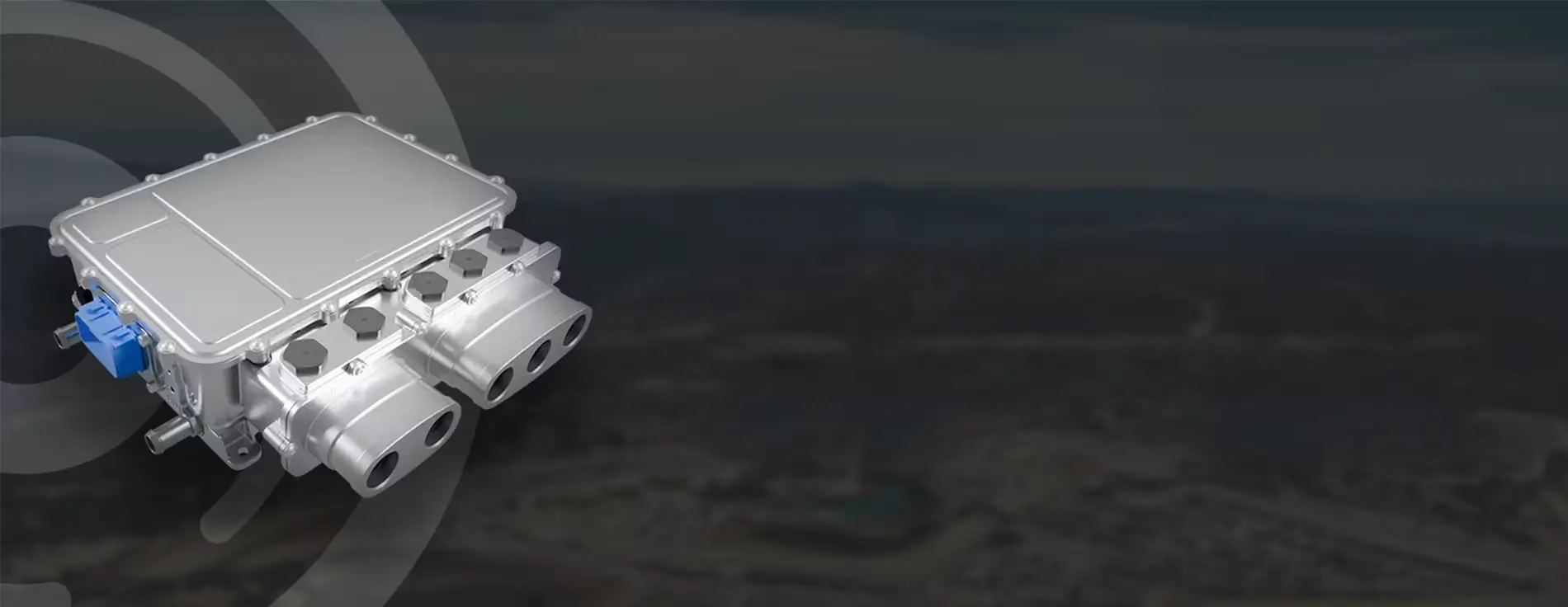 A silver IPG5 automotive inverter with multiple ports and a blue connector is displayed on the left against a dark background with circular graphic accents.