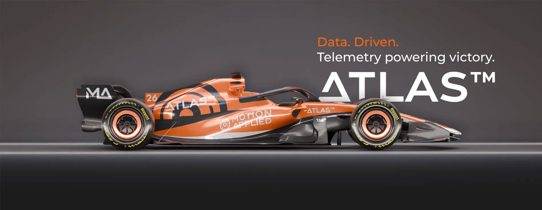 Side view of an orange and black new generation Formula 1 car with branded graphics, shown against a dark studio background.
