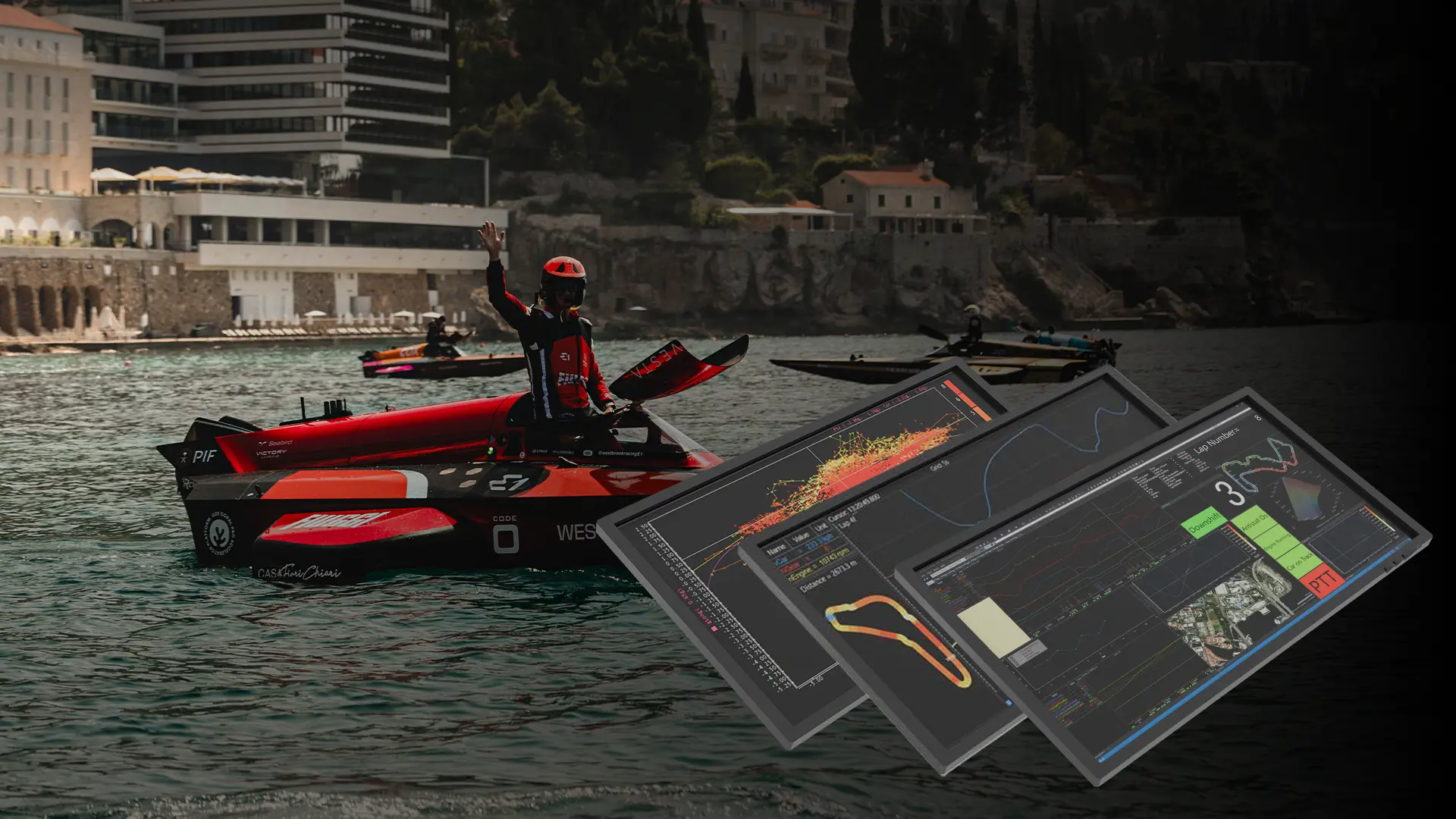 Sport awards logo with images of a Formula 1 car and laptop screen behind