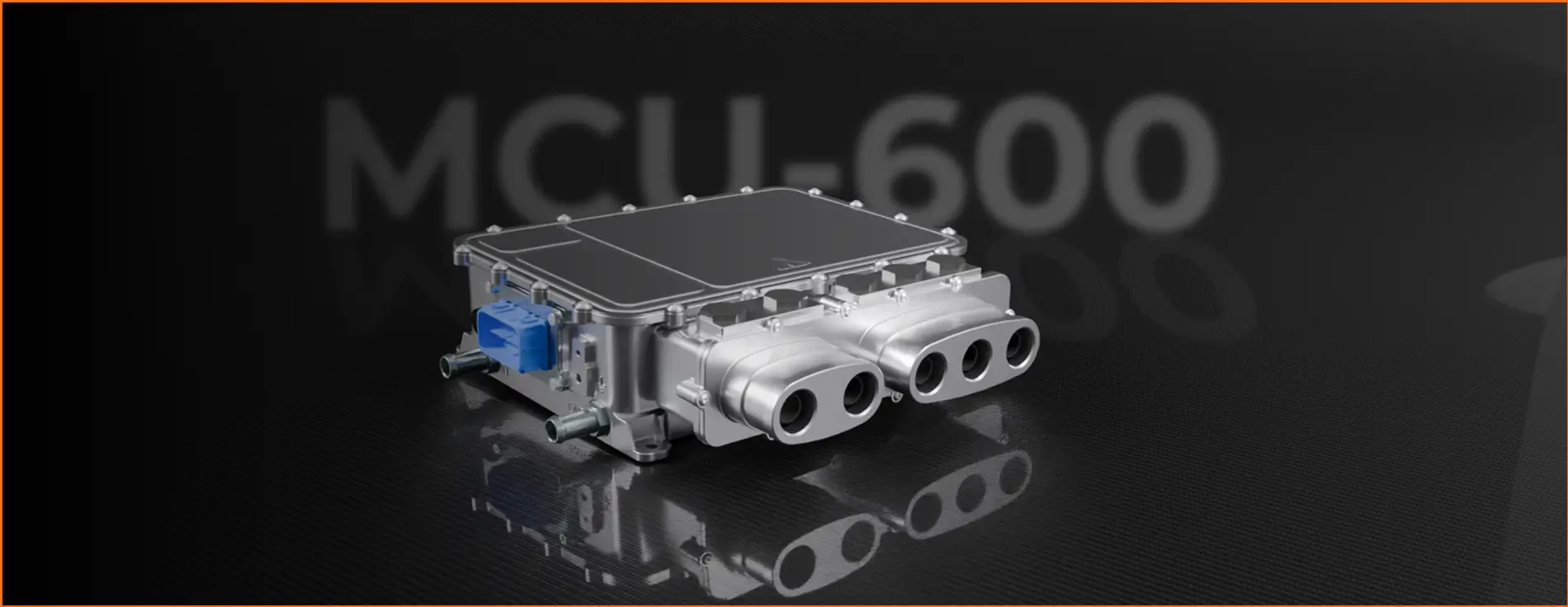 Silver MCU‑600 motor control unit with multiple high‑power electrical connectors, displayed on a reflective dark surface with the model name in the background.