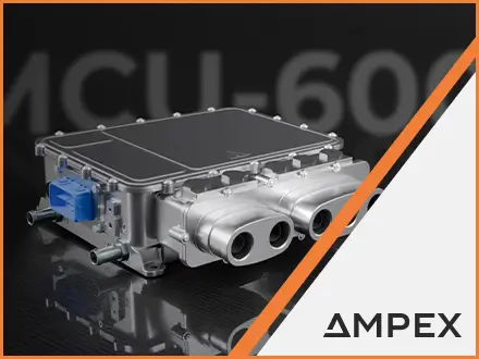 Silver MCU‑600 motor control unit with multiple high‑power electrical connectors, displayed on a reflective dark surface with the model name in the background.