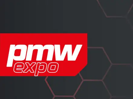 Red ‘pmw expo’ logo displayed on a dark background with a subtle hexagonal pattern.